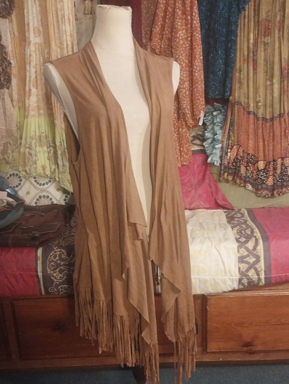 Fringed Open-Front Sleeveless Cardigan Vest - Tan/Brown
